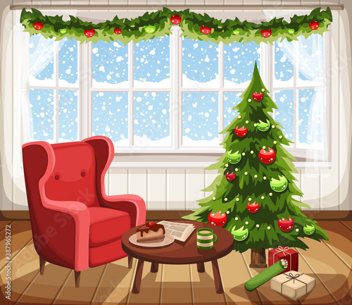 Vector Christmas living room interior with fir-tree, armchair and snowfall outside the window.
