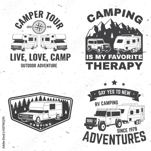 Set of rv camping badges, patches. Vector. Concept for shirt or logo, print, stamp or tee. Vintage typography design with RV Motorhome, camping trailer and off-road car silhouette.