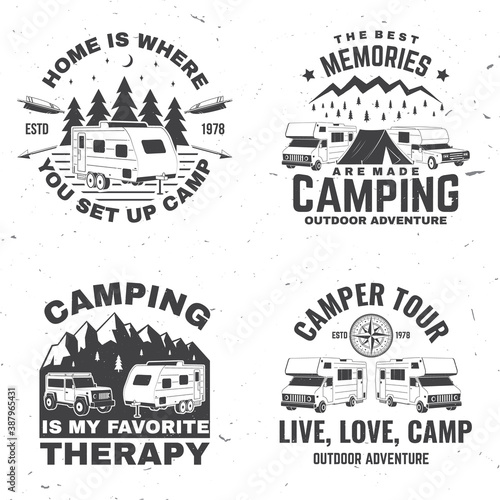 Set of rv camping badges, patches. Vector. Concept for shirt or logo, print, stamp or tee. Vintage typography design with RV Motorhome, camping trailer and off-road car silhouette.
