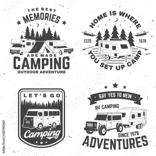 Set of rv camping badges, patches. Vector. Concept for shirt or logo, print, stamp or tee. Vintage typography design with RV Motorhome, camping trailer and off-road car silhouette.