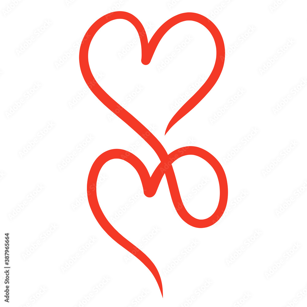 two connected hearts of graceful red line
