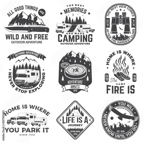Set of rv camping badges, patches. Vector. Concept for shirt or logo, print, stamp or tee. Vintage typography design with RV Motorhome, camping trailer and off-road car silhouette.
