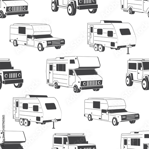 Sseamless pattern with camper vans silhouettes Vector illustration. Background, wallpaper, seamless pattern with motorhome and rv cars