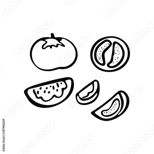 Hand drawn tomatoes in doodle style. Isolated on a white background.
Idea for logo, culinary design, food menu. Black and white vector image.