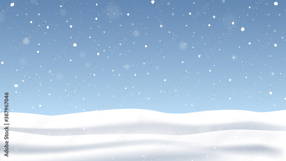 Christmas background with falling snow. New Year greeting card design. Vector illustration.