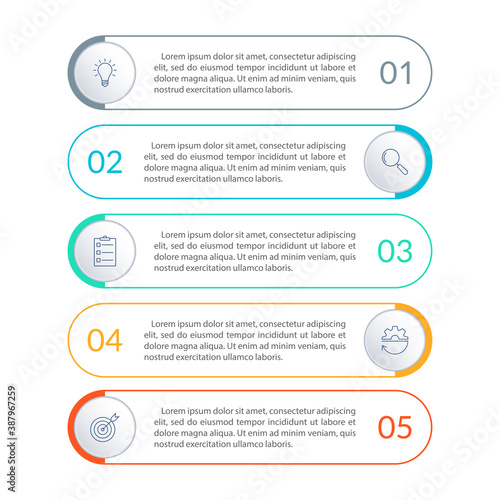 5 steps, option or levels infographic design with business icons. Vertical timeline info graphic template for presentation, information brochure, banner, workflow layout. Vector illustration.