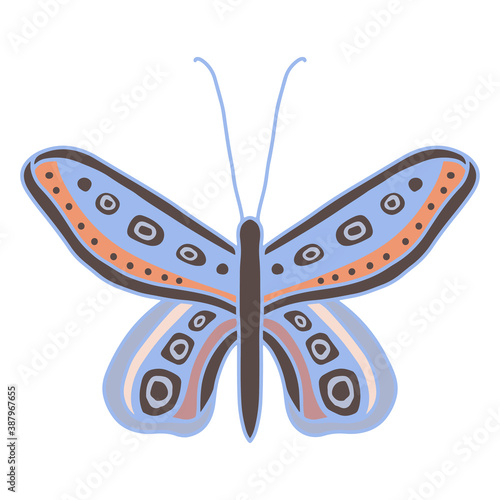 A cute blue butterfly with black spots on its wings. Long stripes and patterns on insect wings. Print for printing on clothes, vector logo for make-up studio, children's courses or drawing studio