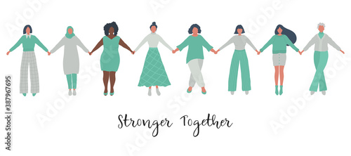 Diverse group of women are holding hands. Stronger Together concept. International Women's Day. Women's community. Female solidarity. Women silhouettes of different races, different ages. Vector