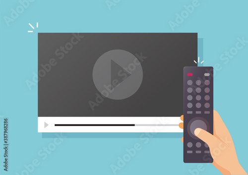 Watching video film content or movie vector flat cartoon illustration, idea of television tv playing cinema with person man holding remote control