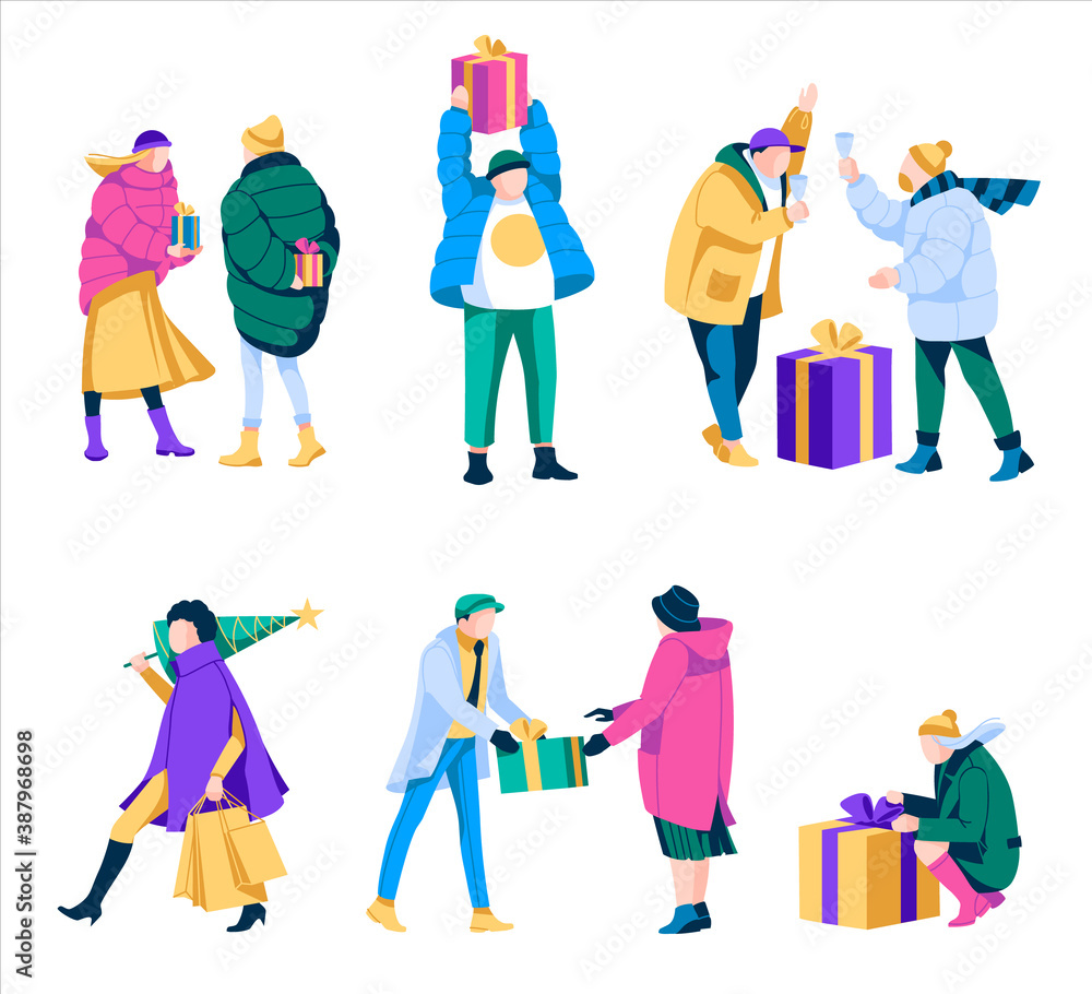 Happy people receiving and giving gifts. Men and women dressed in winter clothes celebrating Christmas, taking part in seasonal sale and holding gift boxes flat vector illustration
