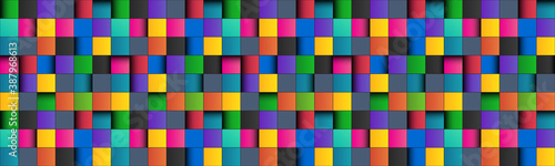 Colorful square abstract header with black lines. Colored square with shadows. Pixel mosaic banner. Vector illustration