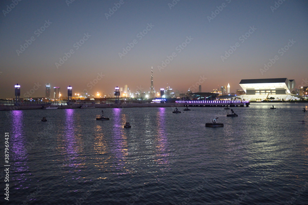 Dubai Skyline from Dubai festival all, the view of public library and Business bay and Dubai canal