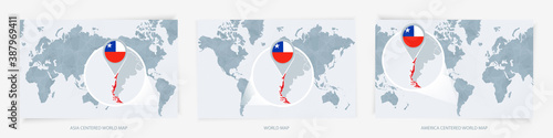 Three versions of the World Map with the enlarged map of Chile with flag.