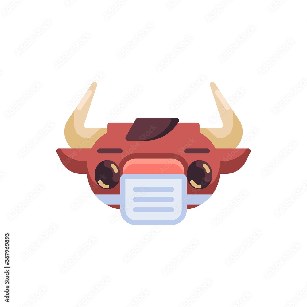 Fototapeta premium Bull with face mask emoji flat icon, vector sign, Horned Ox with medical mask emotion colorful pictogram isolated on white. Symbol, logo illustration. Flat style design