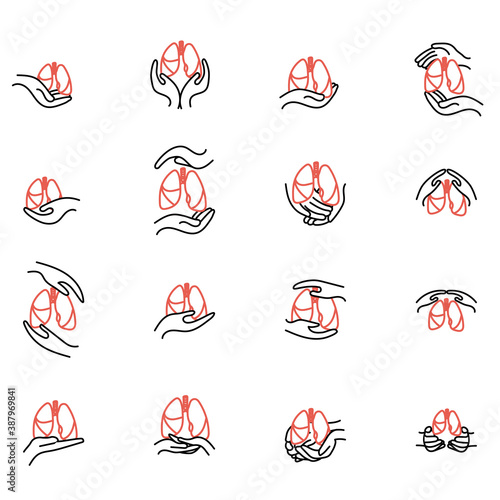 Lungs in hands set. Icons bundle. Vector medical illustration.