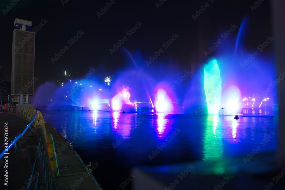 outdoor of Dubai festival Mall and festival city area,  with stunning IMAGIN light show and fountains