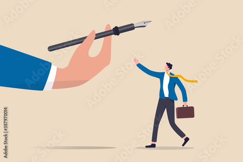 Career opportunity, job promote, giving power or strength to employee to make decision or empower and courage for leadership concept, big hand giving fountain pen to smart confidence businessman.