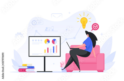 Summing up statistical financial report illustration. Female character manager conducts an infographic calculation.
