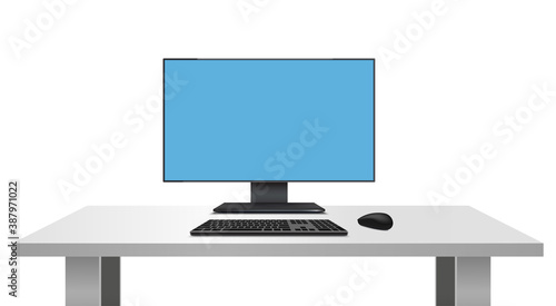 Realistic devices. Computer display, keyboard, mouse mockup gadget display. Monitor device template Vector illustration.