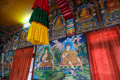 Gangtok, India - October 2020: Interior of the Sera Jey Drophenling Monastery in Gangtok on October 23, 2020 in Gangtok, Sikkim, India.