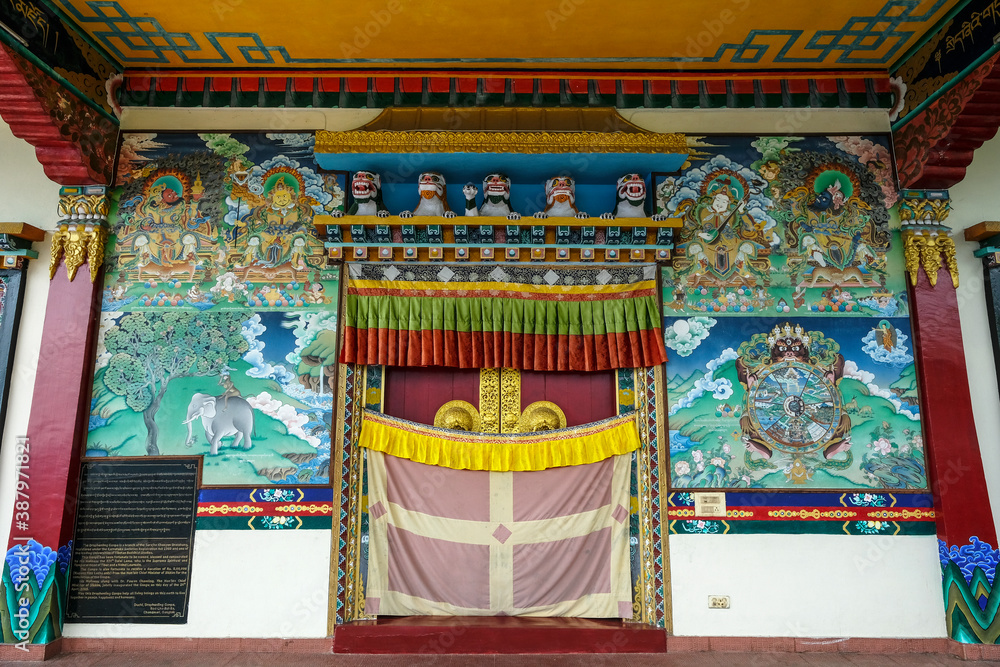 Gangtok, India - October 2020: Facade of the Sera Jey Drophenling Monastery in Gangtok on October 23, 2020 in Gangtok, Sikkim, India.