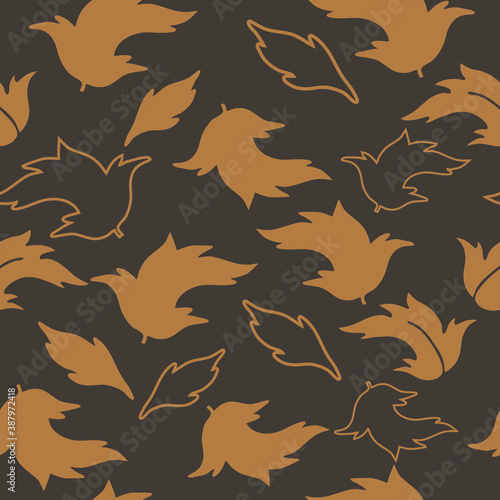 Autumn orange leaves on a brown background. Silhouettes and contours. Seamless vector pattern
