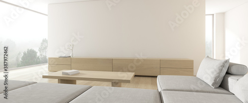 3D render of modern living room with TV cabinet and sofa on empty wall.
