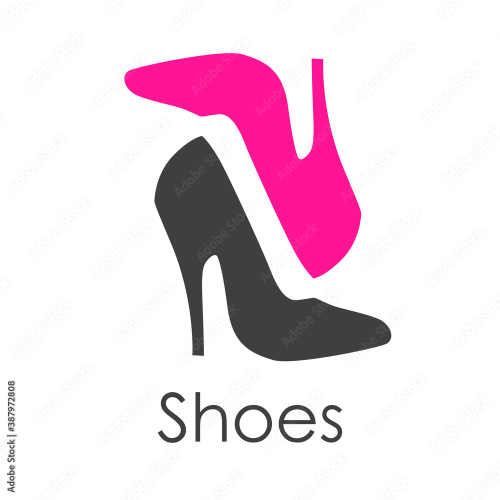 Tienda de zapatos. Logotipo con texto Shoes con zapatos de mujer de tacón  alto en reflejo en color gris y rosa Stock Vector | Adobe Stock