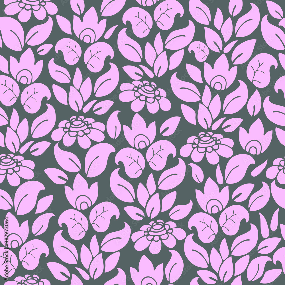 Pink flowers on a gray background. Plant ornament. Leaves and buds. Stylized shapes. Seamless vector pattern Pink flowers on a gray background. Plant ornament. Leaves and buds. Stylized shapes. Seamless vector pattern