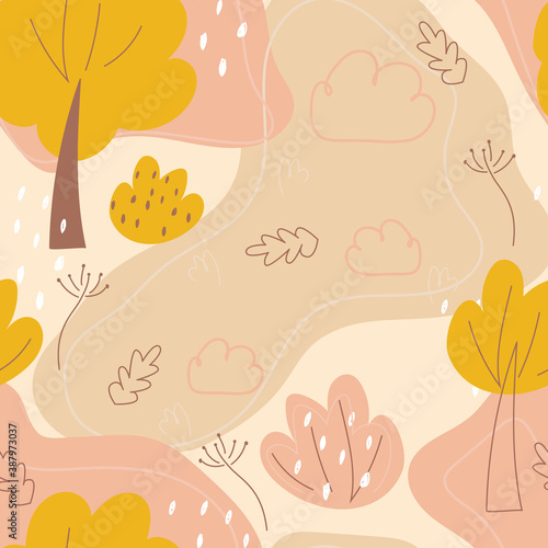 Seamless pattern abstract autumn background. Vector illustration, in a modern cartoon style, for printing on packaging paper, postcard, poster, banner, clothing. Cute children's background. 