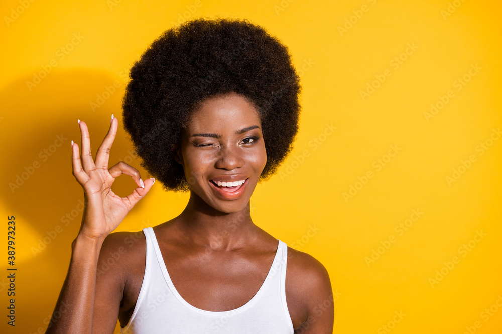 Close-up portrait of pretty cheerful content wavy-haired lady showing ok-sign winking isolated over shine yellow color background Close-up portrait of pretty cheerful content wavy-haired lady showing ok-sign winking isolated over shine yellow color background