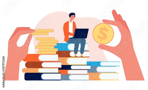 Investment in education. Student with laptop sit on stack of books. Hands holding coins vector illustration. Investment in knowledge, scholarship finance