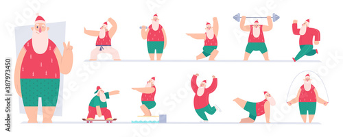 Active santa. Sport fairytale characters santa making exercises gym workout fitness in winter vector pictures. Winter activity santa, active fitness workout illustration