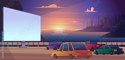 Drive cinema. Outdoor park open space for cars people watching movie happy couples night cinema vector illustration. Screen cinema entertainment, performance night show