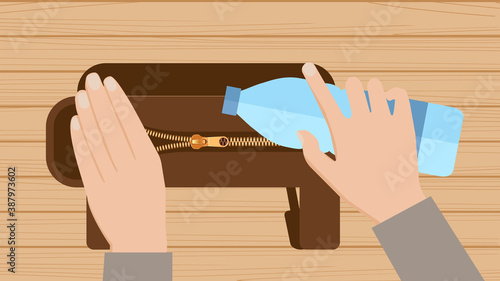 Hand putting water bottle for gym physical training into bag. Top view horizontal banner