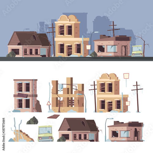 Damaged buildings. Bad old trouble houses abandoned exterior wooden destroyed constructions vector collection set. Illustration building damage, accident earthquake, architecture exterior