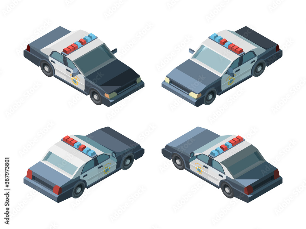 Police car. Emergency isometric vehicles different views police chase vector. Transport emergency police car, vehicle isometric and 3d automobile illustration Police car. Emergency isometric vehicles different views police chase vector. Transport emergency police car, vehicle isometric and 3d automobile illustration