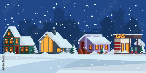 Winter landscape. Cottage snow facade christmas landscape vector colored background. Architecture exterior christmas, xmas building scene illustration