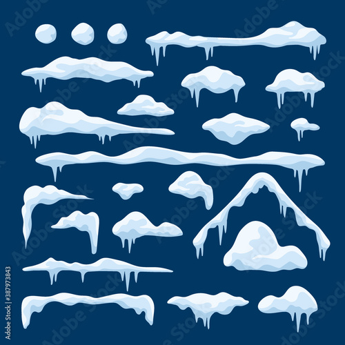Snow caps set. Snowdrifts, snowballs, snow roof,icicles collection in cartoon style. Winter snowy elements for decoration, frames or sale labels. Frozen objects on blue background, vector illustration