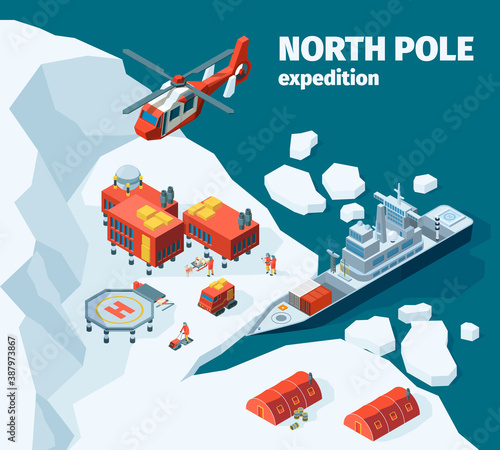 Meteorological north station. Polar north pole background explorer tourism antarctica buildings vector isometric. Ice sea shore with equipment for exploration illustration