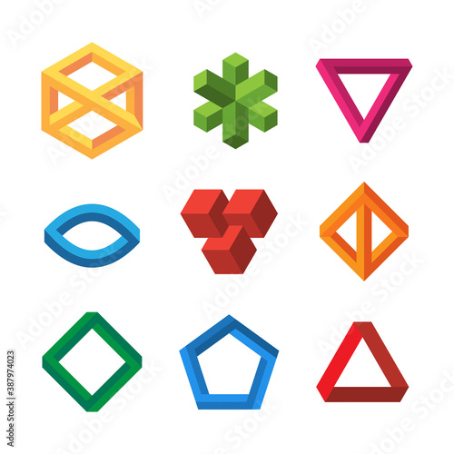 Infinity illusions geometry. Impossible 3d shapes triangles loop hexagons escher vector collection. Illusion loop 3d, geometrical infinity cube