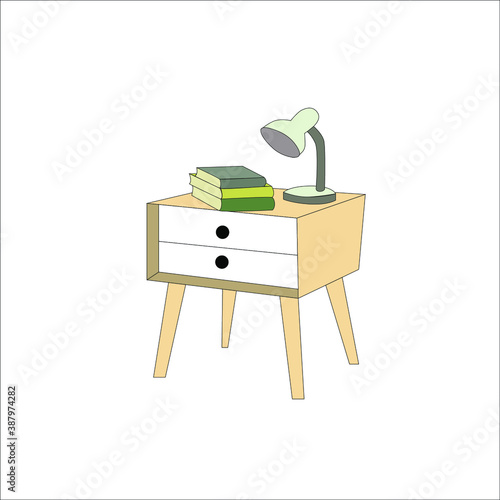 Vector nightstand with books and reading table lamp. Wooden curbstone in the bedroom for the interior in Mitsencheri style, Scandinavian and modern.