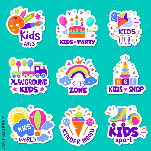 Kids logo. Toys shop identity creative children club badges kids playing zone symbols vector collection. Illustration sticker badge, kid playroom logo and place area