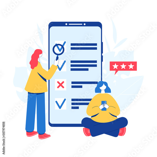 Online survey concept. Women going through the survey and examing results checklist on the smartphone screen.