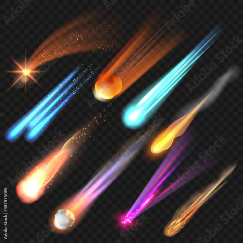 Space stars. Realistic glowing planets meteor vector astronomy collection set. Cosmos glowing explosion, outer shiny. Comet explosion, armageddon shooting meteor illustration
