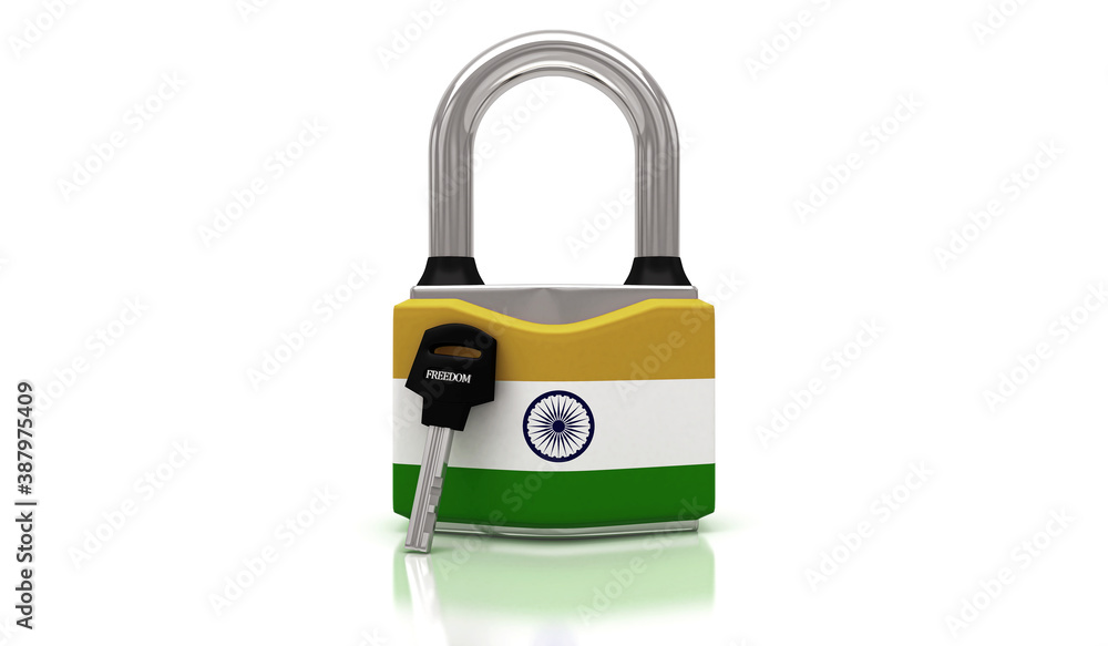 Conceptual representation of national lockdown due to covid-19, closed padlock with keys to freedom, India, 3d illustration, 3d rendering Conceptual representation of national lockdown due to covid-19, closed padlock with keys to freedom, India, 3d illustration, 3d rendering