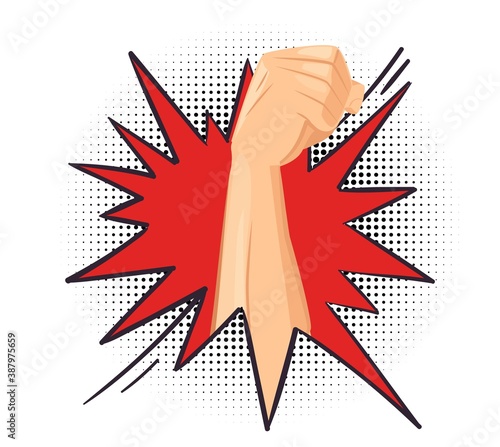 Punch. Fist breaks through obstacle, energetic human hand. Show of power, revolution or motivation metaphor vector illustration. Strength through obstacle, fist break wall cartoon