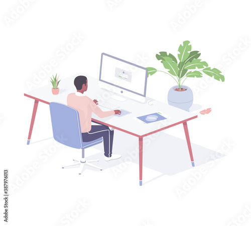 Programmer in office working on online project isometric vector. Male character at modern computer tunes web algorithms.