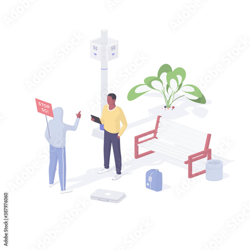 People protest against 5g realistic isometry. Male character in sweatshirt holding poster tells guy with tablet about dangers radiation.
