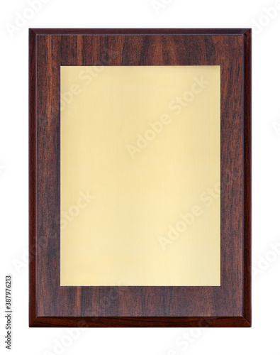 Valokuva Golden plaque or name board (diploma) in wooden frame, isolated on a white backg